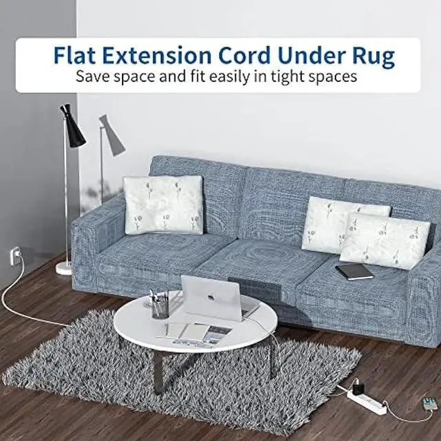 Alt view image 3 of 6 - NTONPOWER Long Extension Cord 25 Ft, Flat Extension Cord Under Carpet, Rug, Door, Power Strip Long Cord, Wall Mount Power Strip with 4 Outlets 2 USB, Overload Protection for Indoor, Home, Dorm, Office