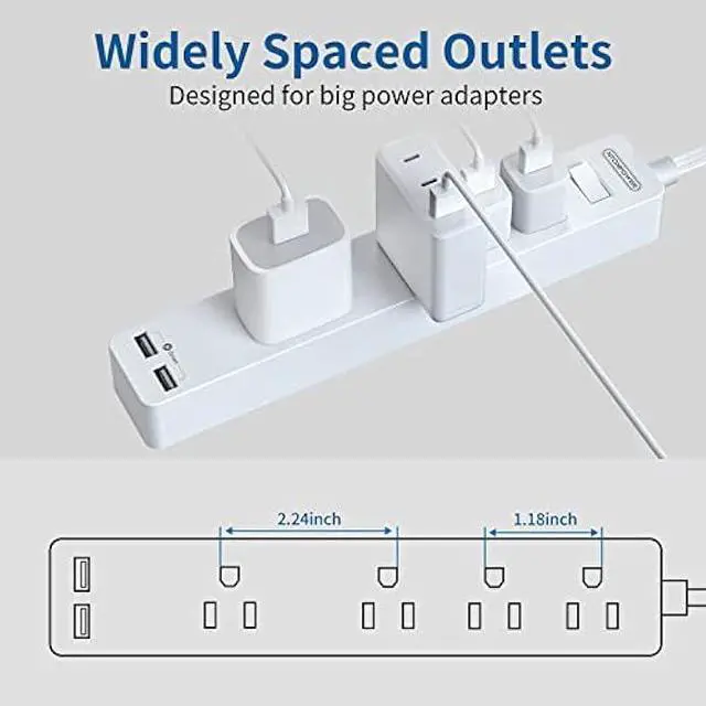 Alt view image 4 of 6 - NTONPOWER Long Extension Cord 25 Ft, Flat Extension Cord Under Carpet, Rug, Door, Power Strip Long Cord, Wall Mount Power Strip with 4 Outlets 2 USB, Overload Protection for Indoor, Home, Dorm, Office