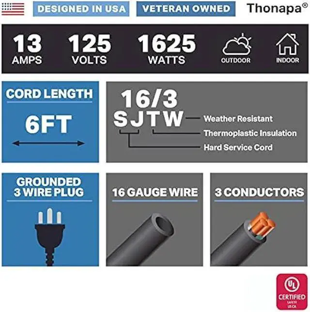 Alt view image 2 of 5 - Thonapa 6 Ft Black Outdoor Extension Cord - 16/3 SJTW Weatherproof Water Resistant Electrical Cable with 3 Prong Grounded Plug for Indoor & Outdoor