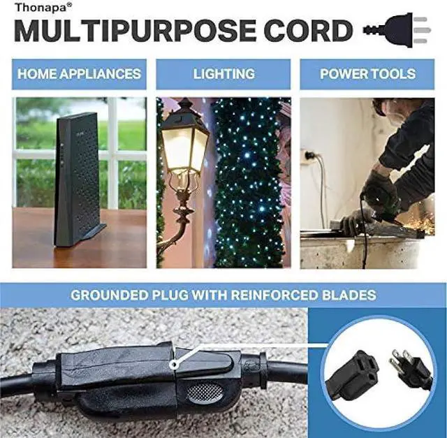 Alt view image 4 of 5 - Thonapa 6 Ft Black Outdoor Extension Cord - 16/3 SJTW Weatherproof Water Resistant Electrical Cable with 3 Prong Grounded Plug for Indoor & Outdoor