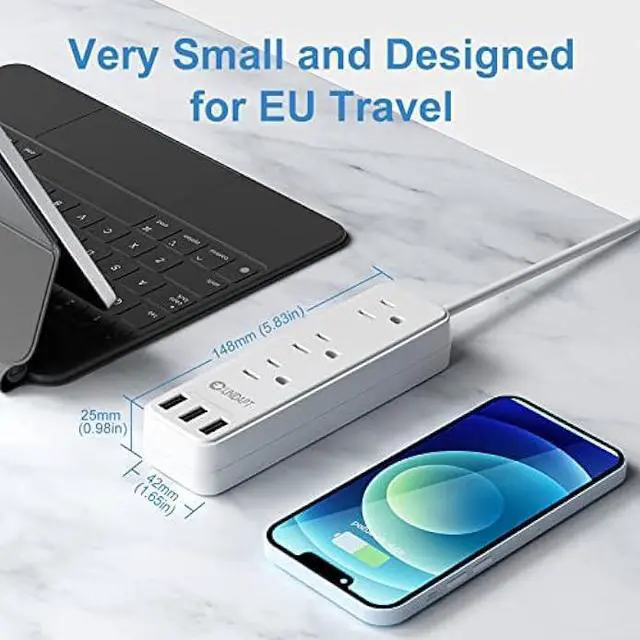 Alt view image 4 of 6 - European Travel Plug Adapter, Unidapt International Power Strip, US to Europe USB Extension Cable, Plug Adapter for EU with 3 USB Ports and 3 AC Outlets 3.3ft Cord, Study Abroad Essential