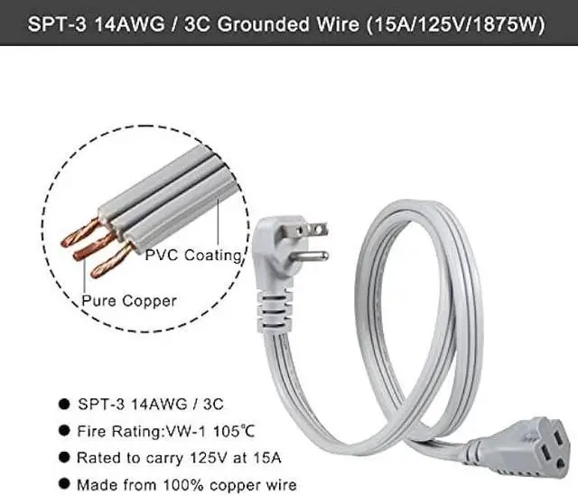 Alt view image 4 of 7 - KUNCAN Appliance Power Extension Cord - 3 Prong Flat Wire SPT-3 14 AWG Heavy Duty Male to Female Extender Low Profile Grounded Cable for Major AC Unit, Air Conditioner, Refrigerator (3 Feet)