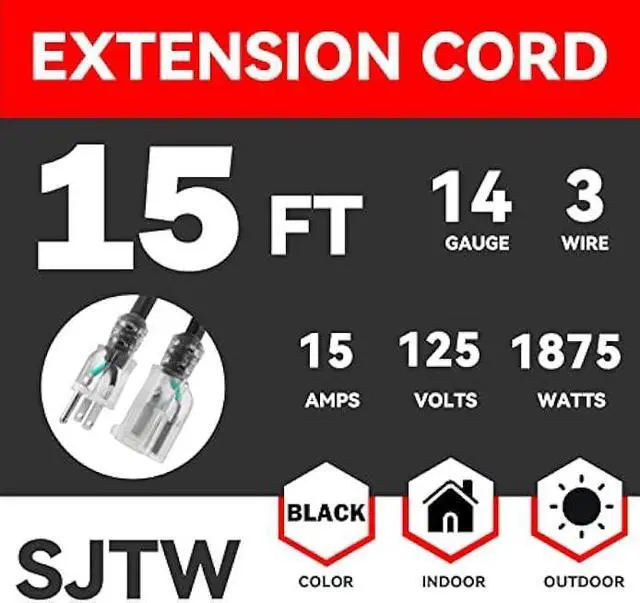 Alt view image 2 of 7 - EP 15Ft 14/3 Lighted Outdoor Extension Cord - 14 Gauge 3 Prong SJTW Heavy Duty Black Extension Cable with 3 Prong Grounded Plug for Safety,Great for Garden and Major Appliances,UL Listed