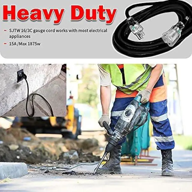 Alt view image 6 of 7 - EP 15Ft 14/3 Lighted Outdoor Extension Cord - 14 Gauge 3 Prong SJTW Heavy Duty Black Extension Cable with 3 Prong Grounded Plug for Safety,Great for Garden and Major Appliances,UL Listed