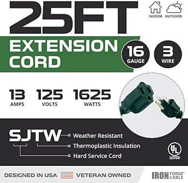 Alt view image 2 of 6 - Iron Forge Cable Green Outdoor Extension Cord 25 Ft, 16/3 Green 25 Foot Extension Cord Indoor/Outdoor Use, 3 Prong, Weatherproof Jacket Extension Cord
