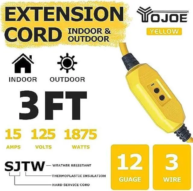 Alt view image 2 of 7 - YOJOE 3 Foot GFCI Yellow Extension Cord,Lighted Outdoor 12/3 Cord with 3 Power Outlets,12 Gauge 3 Prong SJTW Heavy Duty Extension Cable with 3 Prong Grounded Plug for Safety,UL Listed