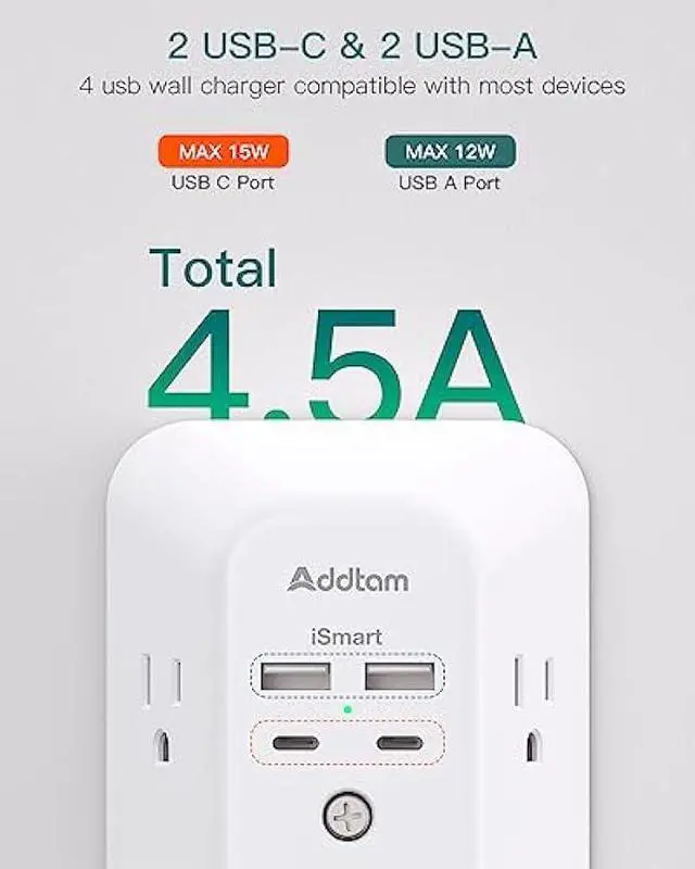 Alt view image 3 of 5 - Surge Protector Outlet Extender - Addtam 5-Outlet Splitter with 4 USB Wall Charger(2 USB-C Ports), Multi Plug Outlet Power Strip for Home, Dorm Room Essentials