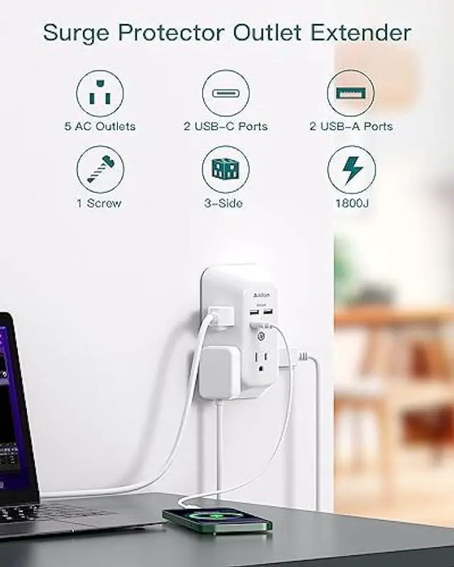 Alt view image 2 of 7 - Surge Protector Outlet Extender - Addtam 5-Outlet Splitter with 4 USB Wall Charger(2 USB-C Ports), Multi Plug Outlet Power Strip for Home, Dorm Room Essentials