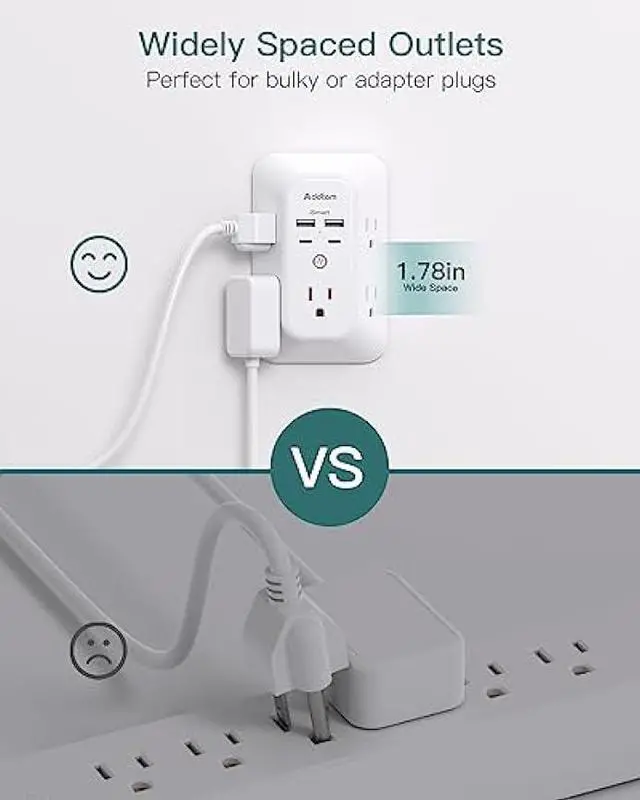 Alt view image 6 of 7 - Surge Protector Outlet Extender - Addtam 5-Outlet Splitter with 4 USB Wall Charger(2 USB-C Ports), Multi Plug Outlet Power Strip for Home, Dorm Room Essentials