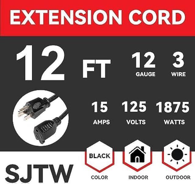Alt view image 2 of 7 - EP 12 Ft Outdoor Extension Cord - 12/3 SJTW Heavy Duty Black Extension Cable with 3 Prong Grounded Plug - Power Cord for Lawn, Garden, Appliances