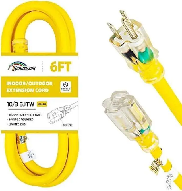 Main image of HONDERSON 6FT Lighted Outdoor Extension Cord - 10/3 SJTW Heavy Duty Yellow Extension Cable with 3 Prong Grounded Plug for Safety,UL Listed