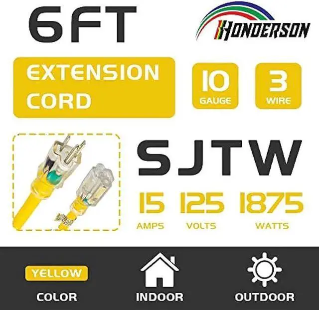 Alt view image 2 of 7 - HONDERSON 6FT Lighted Outdoor Extension Cord - 10/3 SJTW Heavy Duty Yellow Extension Cable with 3 Prong Grounded Plug for Safety,UL Listed