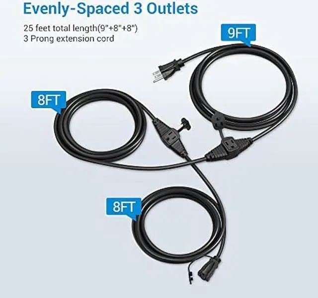 Alt view image 2 of 7 - DEWENWILS 25 Ft Outdoor Extension Cord Multiple Outlets for Halloween, Evenly Spaced 3 Outlets Plugs with Safety Cover, 16/3 SJTW Weatherproof Wire for Outdoor Lights and Holiday Decorations, UL Liste