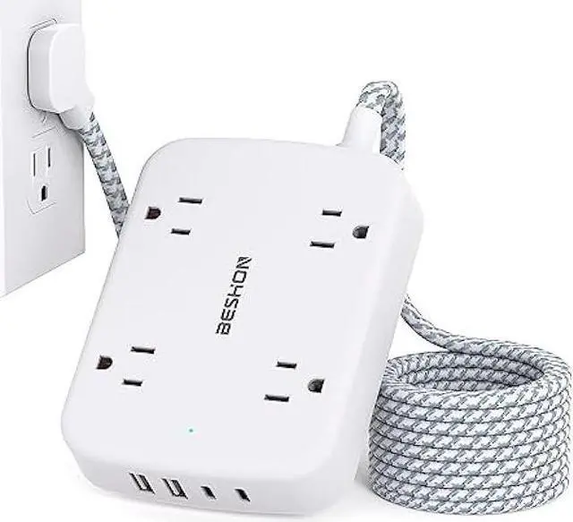 Main image of Surge Protector Power Strip with 2 USB C - 5 Ft Flat Extension Cord Flat Plug Power Strip, 4 Widely Outlets and 4 USB Charging Ports, Outlet Extender, 900 Joules, for Home Office Dorm Room Essentials