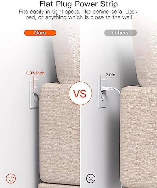 Alt view image 3 of 7 - Surge Protector Power Strip with 2 USB C - 5 Ft Flat Extension Cord Flat Plug Power Strip, 4 Widely Outlets and 4 USB Charging Ports, Outlet Extender, 900 Joules, for Home Office Dorm Room Essentials