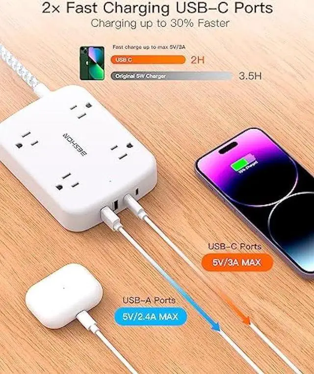 Alt view image 4 of 7 - Surge Protector Power Strip with 2 USB C - 5 Ft Flat Extension Cord Flat Plug Power Strip, 4 Widely Outlets and 4 USB Charging Ports, Outlet Extender, 900 Joules, for Home Office Dorm Room Essentials