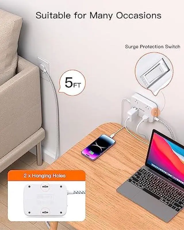 Alt view image 6 of 7 - Surge Protector Power Strip with 2 USB C - 5 Ft Flat Extension Cord Flat Plug Power Strip, 4 Widely Outlets and 4 USB Charging Ports, Outlet Extender, 900 Joules, for Home Office Dorm Room Essentials
