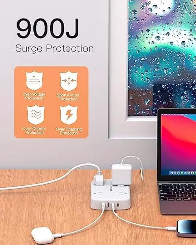 Alt view image 7 of 7 - Surge Protector Power Strip with 2 USB C - 5 Ft Flat Extension Cord Flat Plug Power Strip, 4 Widely Outlets and 4 USB Charging Ports, Outlet Extender, 900 Joules, for Home Office Dorm Room Essentials