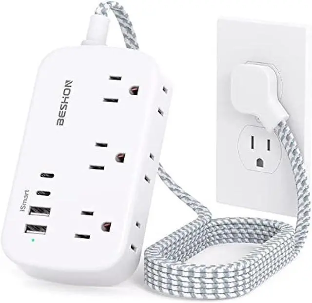 Main image of Flat Extension Cord, 5FT Flat Plug Power Strip with USB C, 6 Outlets 4 USB Ports (2 USB C) Slim Desk Charging Station, Power Strip with No Surge Protector for Cruise Ship, Dorm Room Travel Essentials