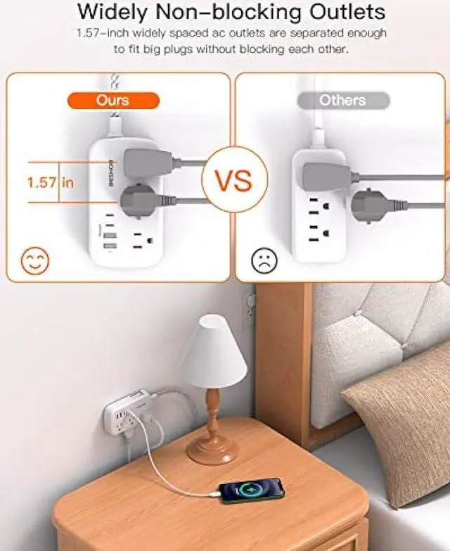 Alt view image 6 of 6 - Flat Extension Cord, 5FT Flat Plug Power Strip with USB C, 6 Outlets 4 USB Ports (2 USB C) Slim Desk Charging Station, Power Strip with No Surge Protector for Cruise Ship, Dorm Room Travel Essentials