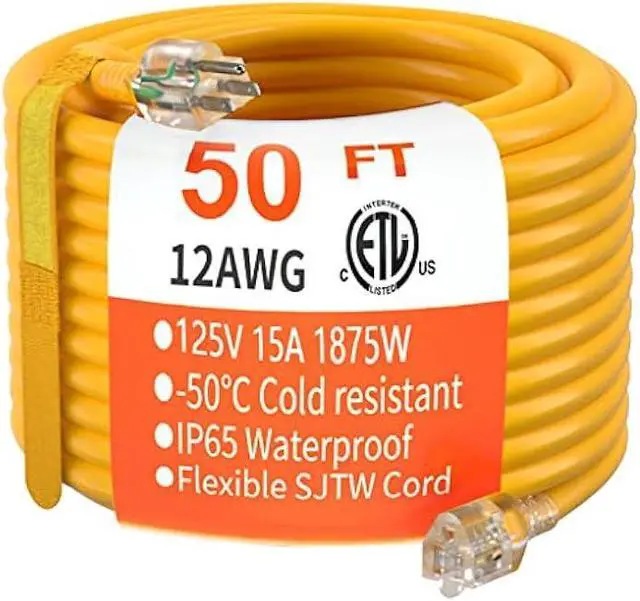 Main image of HUANCHAIN 50 ft 12/3 Gauge Heavy Duty Outdoor Extension Cord Waterproof with Lighted, Flexible Cold Weather 3 Prong Electric Cord Outside, 15A 1875W 125V 12AWG SJTW, Yellow, ETL Listed