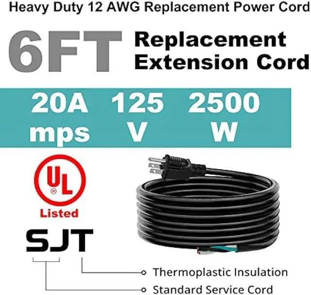 Alt view image 2 of 7 - 6 FT 12 AWG 3 Prong Replacement Power Cord, 20 Amp 12 Gauge 3 Conductor Wire Extension Cable with Pigtail Open Wiring End.