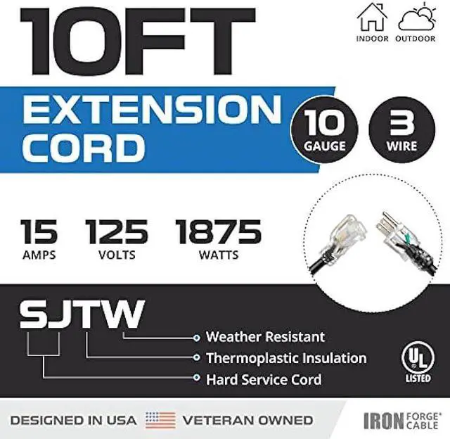 Alt view image 2 of 6 - Iron Forge Cable 10 Foot Outdoor Extension Cord - 10/3 SJTW Black 10 Gauge Extension Cable with 3 Prong Grounded Plug for Safety, 15 AMP - Great for Garden and Major Appliances
