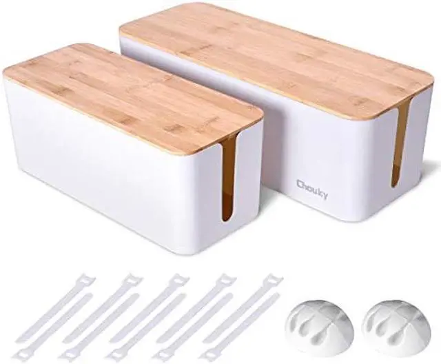 Main image of 2 Pack Large Cable Management Box  Wooden Style Cord Organizer Box and Cover for TV Wires, Computer, Router, USB Hub and Under Desk Power Strip  Safe ABS Material and Baby-Pets Proof Lock (White)
