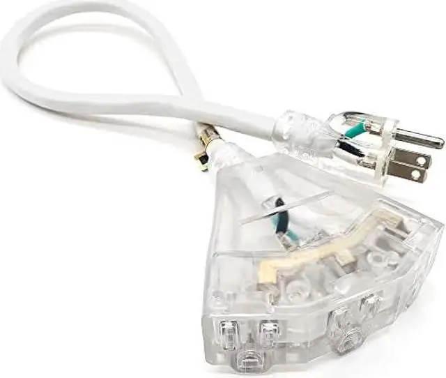 Alt view image 2 of 6 - 2 ft - 12 Gauge Heavy Duty 3-Outlet Lighted SJTW Indoor/Outdoor White Extension Cord by Watt's Wire - Short 2' 12-Gauge Grounded 15-Amp Power-Cord (2 Foot 12-Awg White)