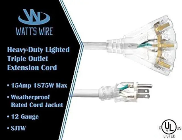 Alt view image 3 of 6 - 2 ft - 12 Gauge Heavy Duty 3-Outlet Lighted SJTW Indoor/Outdoor White Extension Cord by Watt's Wire - Short 2' 12-Gauge Grounded 15-Amp Power-Cord (2 Foot 12-Awg White)