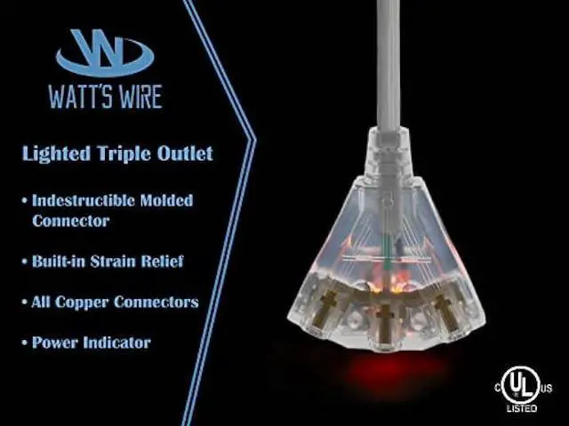 Alt view image 4 of 6 - 2 ft - 12 Gauge Heavy Duty 3-Outlet Lighted SJTW Indoor/Outdoor White Extension Cord by Watt's Wire - Short 2' 12-Gauge Grounded 15-Amp Power-Cord (2 Foot 12-Awg White)