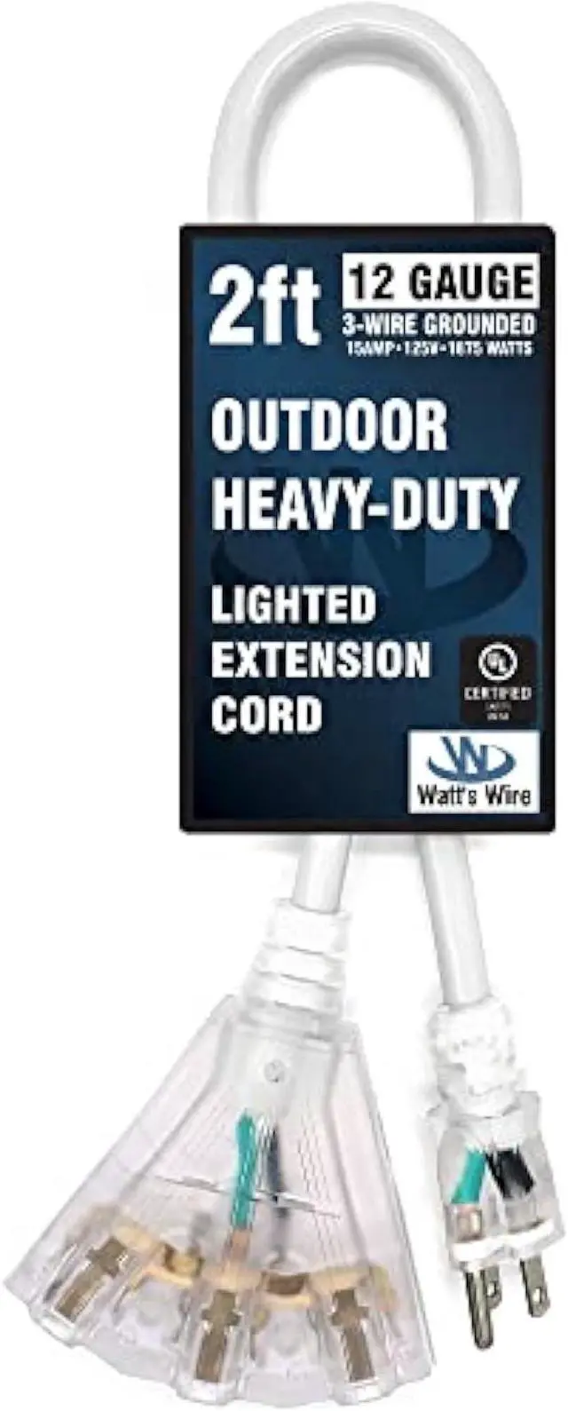 Main image of 2 ft - 12 Gauge Heavy Duty 3-Outlet Lighted SJTW Indoor/Outdoor White Extension Cord by Watt's Wire - Short 2' 12-Gauge Grounded 15-Amp Power-Cord (2 Foot 12-Awg White)