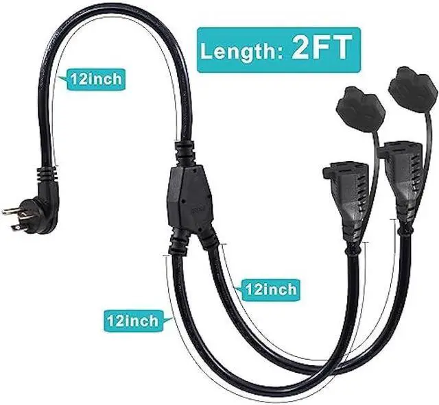 Alt view image 2 of 7 - [2PACK] 2FT Outdoor Power Extension Cord 2 Way Splitter - Black Flat Wall Plug Short 3 Prong Y Splitte Extension Cord with 2Outlets, 125V 13A 16AWG 1 to 2 Splitter Waterproof Outdoor Extension Cord