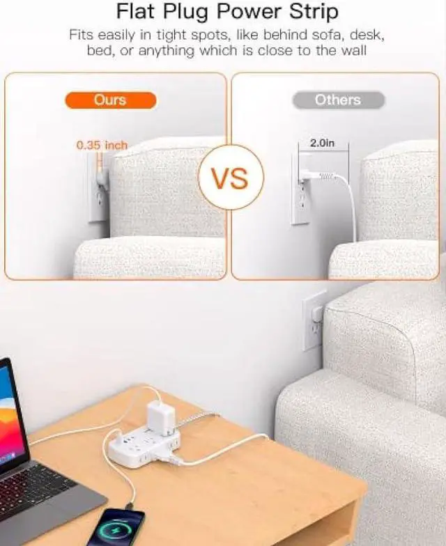 Alt view image 2 of 6 - Flat Extension Cord, 5FT Flat Plug Power Strip with USB C, 6 Outlets 4 USB Ports (2 USB C) Slim Desk Charging Station, Power Strip with No Surge Protector for Cruise Ship, Dorm Room Travel Essentials