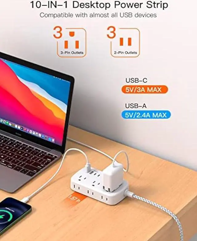 Alt view image 3 of 6 - Flat Extension Cord, 5FT Flat Plug Power Strip with USB C, 6 Outlets 4 USB Ports (2 USB C) Slim Desk Charging Station, Power Strip with No Surge Protector for Cruise Ship, Dorm Room Travel Essentials