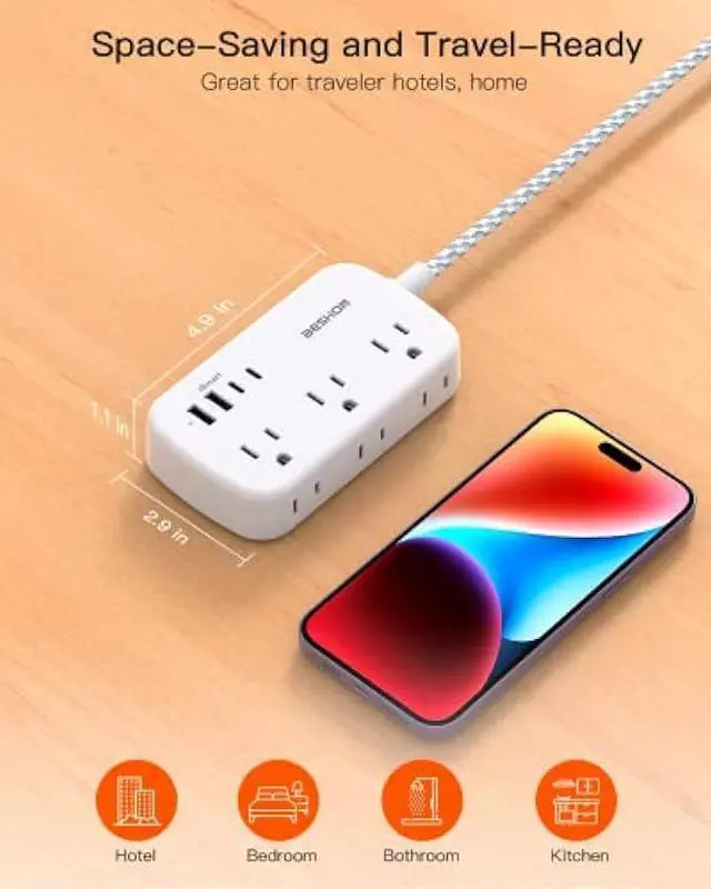 Alt view image 5 of 6 - Flat Extension Cord, 5FT Flat Plug Power Strip with USB C, 6 Outlets 4 USB Ports (2 USB C) Slim Desk Charging Station, Power Strip with No Surge Protector for Cruise Ship, Dorm Room Travel Essentials