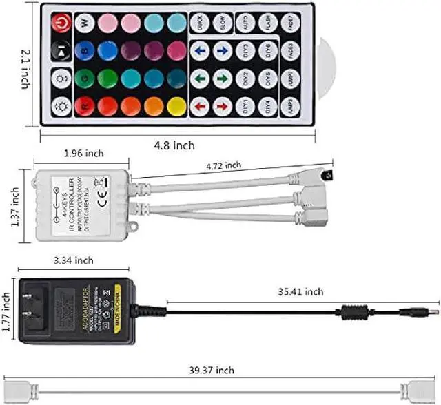 Alt view image 6 of 6 - 2-Port 44 Key IR LED Light Remote,RGB Control Box+ DC 12V 3A LED Power Supply Led Light Adapter+ 2 Pack 3.3FT Extension Cable for 3528 5050 RGB LED Strip Lights(Not Compatiable 24V LED Lights)