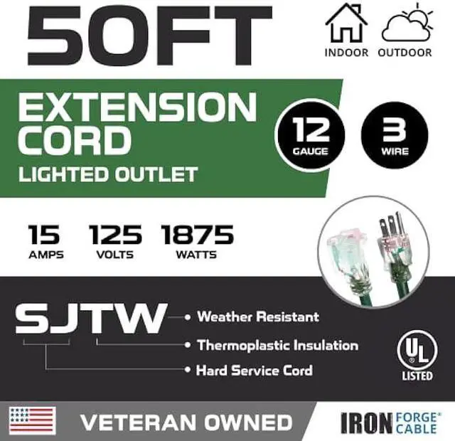 Alt view image 2 of 5 - Iron Forge Cable 50 Foot Outdoor Extension Cord,12/3 SJTW Heavy Duty Green Extension Cable with 3 Prong 50 ft, Weatherproof Cord for Major Appliances, Landscaping, Gardens & Outdoor Lights Decoration