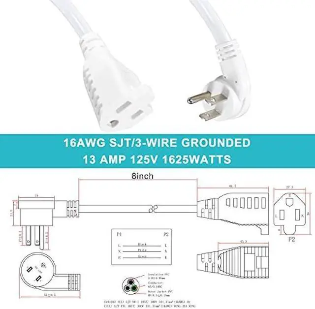 Alt view image 2 of 7 - [5 Pack] Flat Plug Short Power Extension Cord - 8inch Low Profile Flat Plug 3 Prong Grounded Indoor Extension Cord, Rated for 13AMP,16AWG Heavy Duty White Electrical Extension Cord with Flat Head