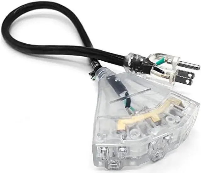 Alt view image 2 of 6 - 2 ft - 12 Gauge Heavy Duty 3-Outlet Lighted SJTW Indoor/Outdoor Black Extension Cord by Watt's Wire - Short 2' 12-Gauge Grounded 15-Amp Power-Cord (2 Foot 12-Awg Black)