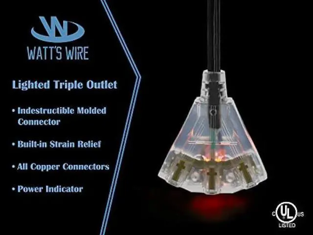 Alt view image 4 of 6 - 2 ft - 12 Gauge Heavy Duty 3-Outlet Lighted SJTW Indoor/Outdoor Black Extension Cord by Watt's Wire - Short 2' 12-Gauge Grounded 15-Amp Power-Cord (2 Foot 12-Awg Black)