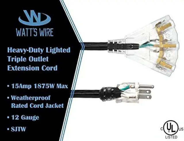 Alt view image 3 of 6 - 2 ft - 12 Gauge Heavy Duty 3-Outlet Lighted SJTW Indoor/Outdoor Black Extension Cord by Watt's Wire - Short 2' 12-Gauge Grounded 15-Amp Power-Cord (2 Foot 12-Awg Black)