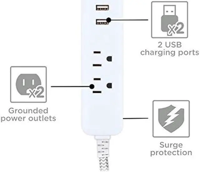 Alt view image 2 of 6 - Cordinate Designer USB Charging Station Extension Cord, Power Strip Surge Protector, 2 Outlets, 2 USB Ports, Extra Long 10 Ft Cable with Flat Plug, Braided Cord, 2.4A Fast Charge, Gray/White, 41691