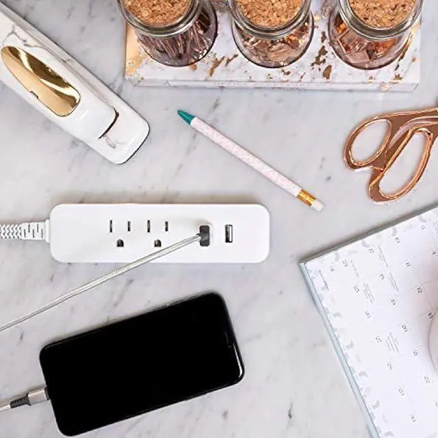 Alt view image 6 of 6 - Cordinate Designer USB Charging Station Extension Cord, Power Strip Surge Protector, 2 Outlets, 2 USB Ports, Extra Long 10 Ft Cable with Flat Plug, Braided Cord, 2.4A Fast Charge, Gray/White, 41691