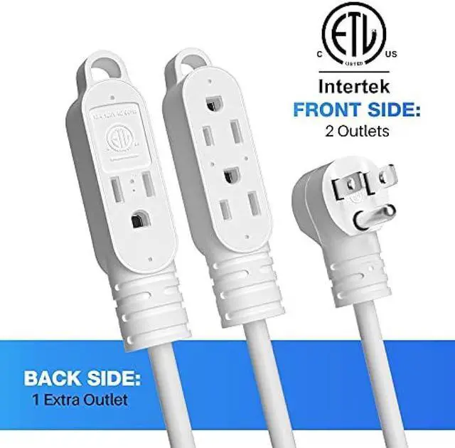 Alt view image 3 of 7 - 3 Prong Extension Cord with Multiple Outlets 10 Feet, 16 Gauge Grounded Power Cord, Angled Plug, 16AWG Wire (13A 125V 1625W), ETL Listed, Power Strip, Power Splitter, White Electrical Cable