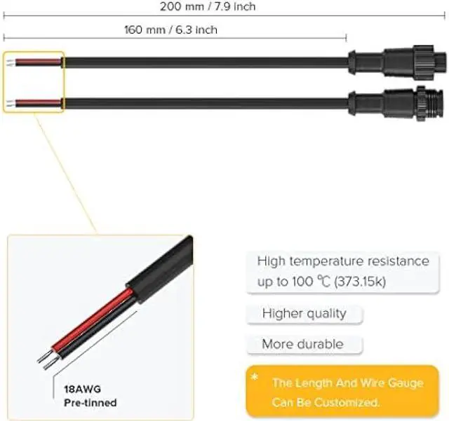 Alt view image 5 of 6 - BTF-LIGHTING 2 Pin Electrical Metal nut Connector 18AWG IP67 Male Female Connector 7.87in/20cm Extension Cable for Car,Truck,Boat,Indoor/Outdoor LED Strip Lights/String 22mm Metal Nut Big Size
