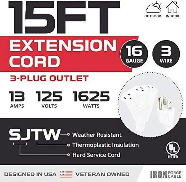 Alt view image 2 of 5 - Iron Forge Cable 15ft White Outdoor Extension Cord with 3 Outlets - 16/3 SJTW 15ft Extension Cord 3 Prong, 13 Amp All-Weather Heavy Duty Power Cable
