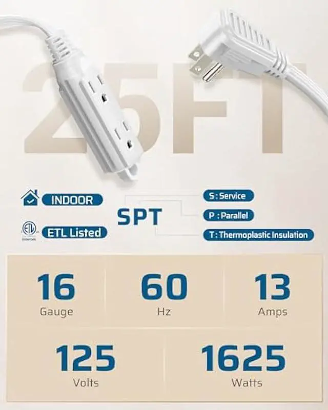 Alt view image 2 of 7 - DEWENWILS 3 Outlet Extension Cord with Flat Plug, 25 FT 16/3 Awg Grounded Power Cable for Indoor Use, SPT-3 Cord, White, ETL Listed, 1 Pack