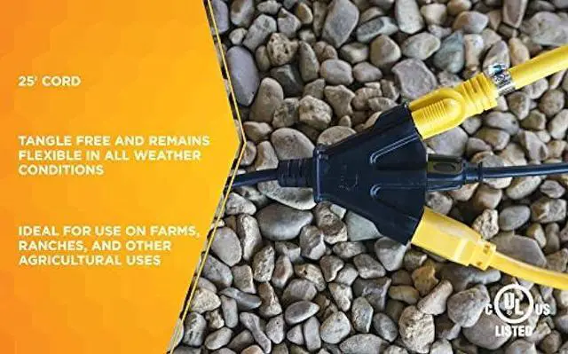 Alt view image 3 of 6 - Woods Black AgriPro 2451 14/3 25-Foot Heavy Duty 15-Amp SJTOW Farm/Workshop Multi Extension Cord Turns 1 3 Outlet Tri-Tap Adapter Feet Ft
