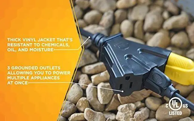 Alt view image 4 of 6 - Woods Black AgriPro 2451 14/3 25-Foot Heavy Duty 15-Amp SJTOW Farm/Workshop Multi Extension Cord Turns 1 3 Outlet Tri-Tap Adapter Feet Ft